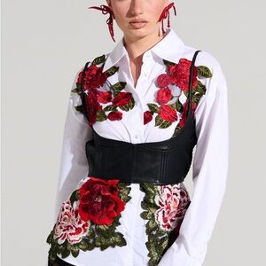 AKIRA White Blouse with Red Floral Embroidery and Black Corset